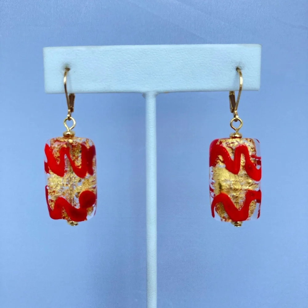 Art Glass Earrings, Handmade, Clear & Red Glass, Genuine Gold, Lamp Work